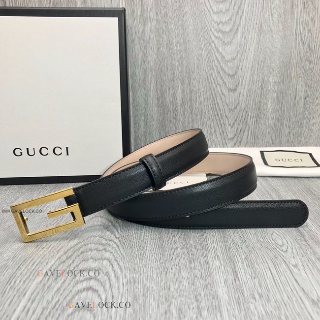 Gucci Slim Black Leather Belt Interlocking Buckle For Women
